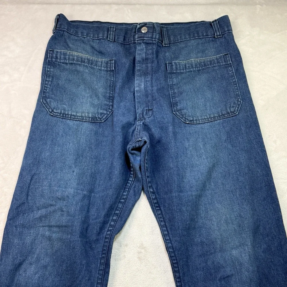 Vintage 70s Seafarer Bell Bottom Jeans 36x32 USA Made Navy Denim Sailor Talon 42